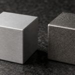 A dense tungsten cube and a same-size aluminum cube side by side, showing the visible difference in mass for identical volume