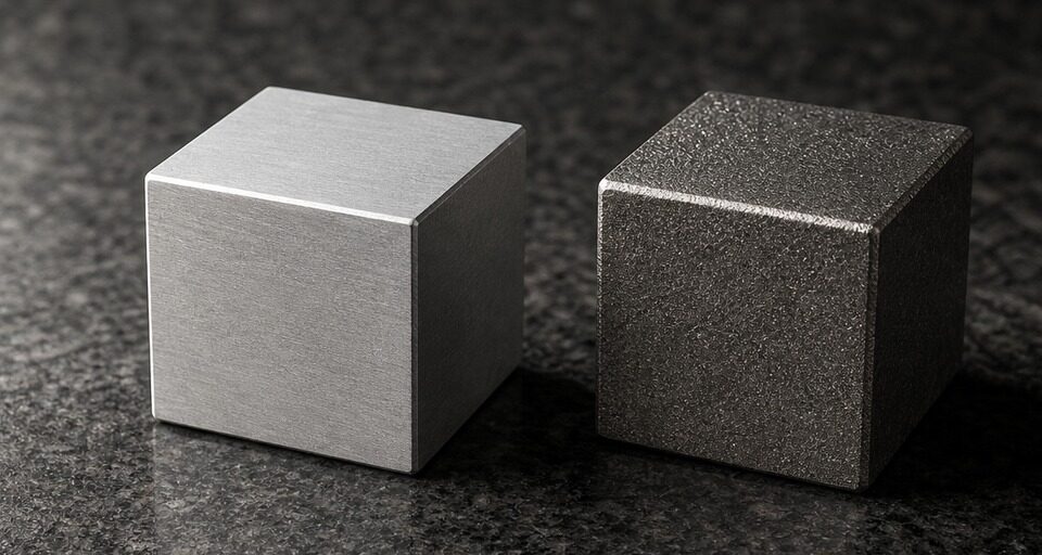 A dense tungsten cube and a same-size aluminum cube side by side, showing the visible difference in mass for identical volume