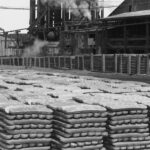 Stacks of lead ingots in a smelter yard at Port Pirie, South Australia, around 1925